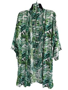 Event Blossom Green White Leaf Print Kimono Swimsuit Coverup Women’s OS